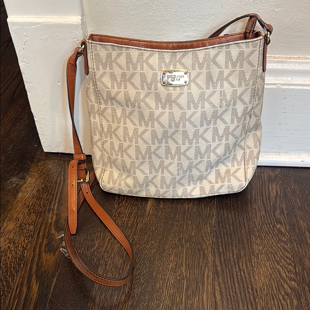 Michael Kors Cream and Tan Crossbody Bag with Gold Hardware